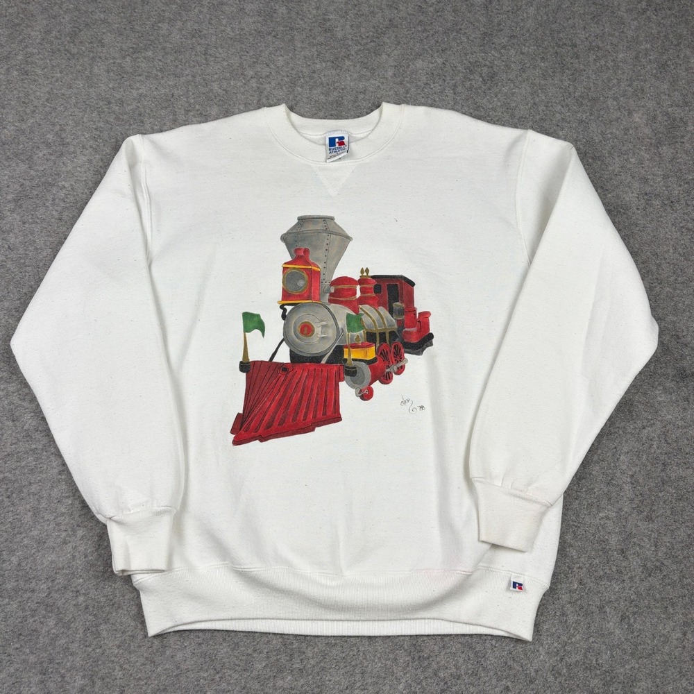 Russell Athletic Sweatshirt Mens L‎ White Vintage 80s Train Graphic Made In USA